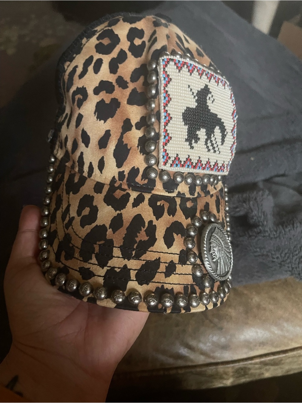 Leopard Print Studded Cap with Beaded Patch - Tan